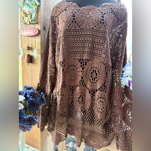 Indigo Thread Co. Chocolate Crochet Open Weave Flare Sleeve Pullover Tunic Top L